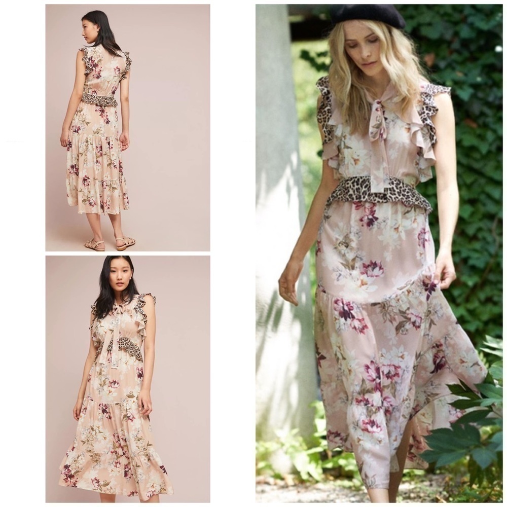NWT KACHEL Sedona Sunrise 100% SILK Lotus Floral Leopard Ruffle Pattern DRESS 10